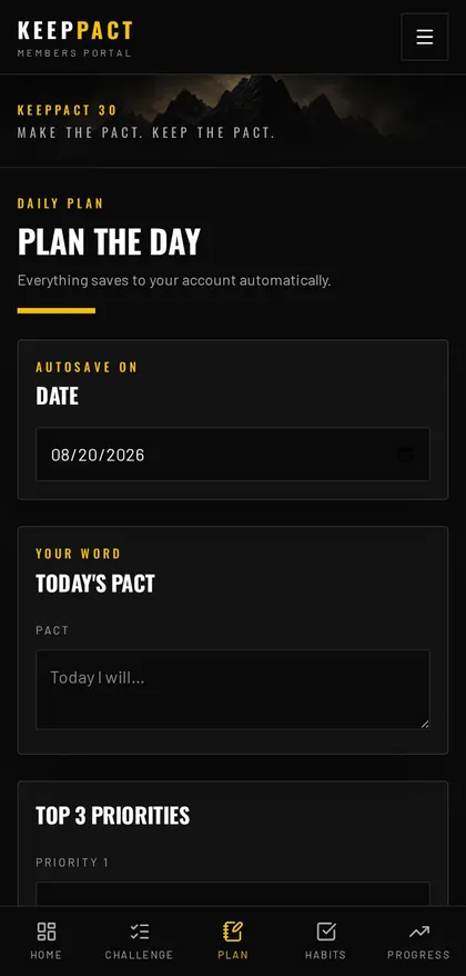 KEEPPACT daily planning screen